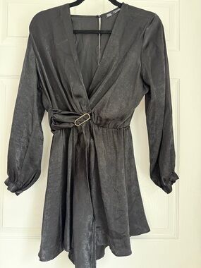 Zara Black Satin Wrap-Style Romper with Gold Buckle